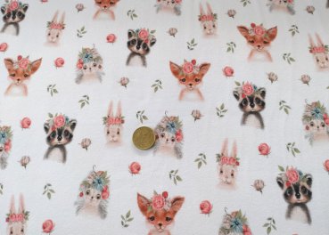 Luna Biostoff verspielter Jersey mit Waldtieren und Blumenkränzen weiss